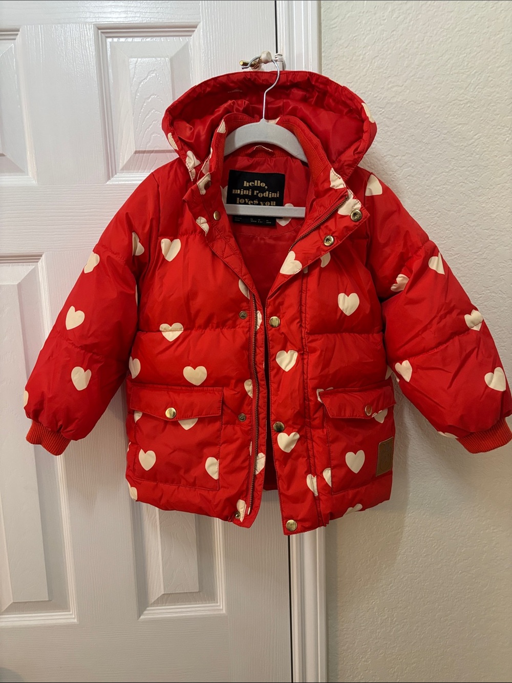Mini Rodini Red Heart-Print Puffer Jacket